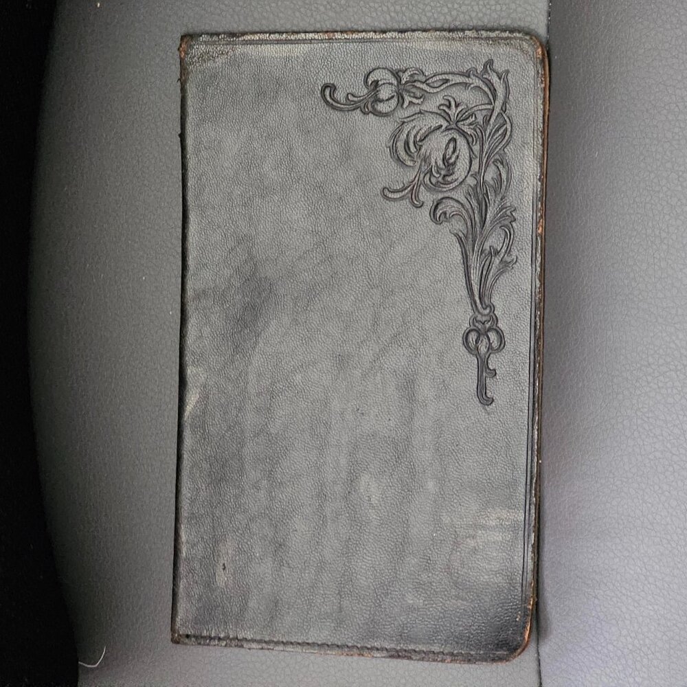 Antique embossed scrolls/flowers genuine black leather letters, documents holder
